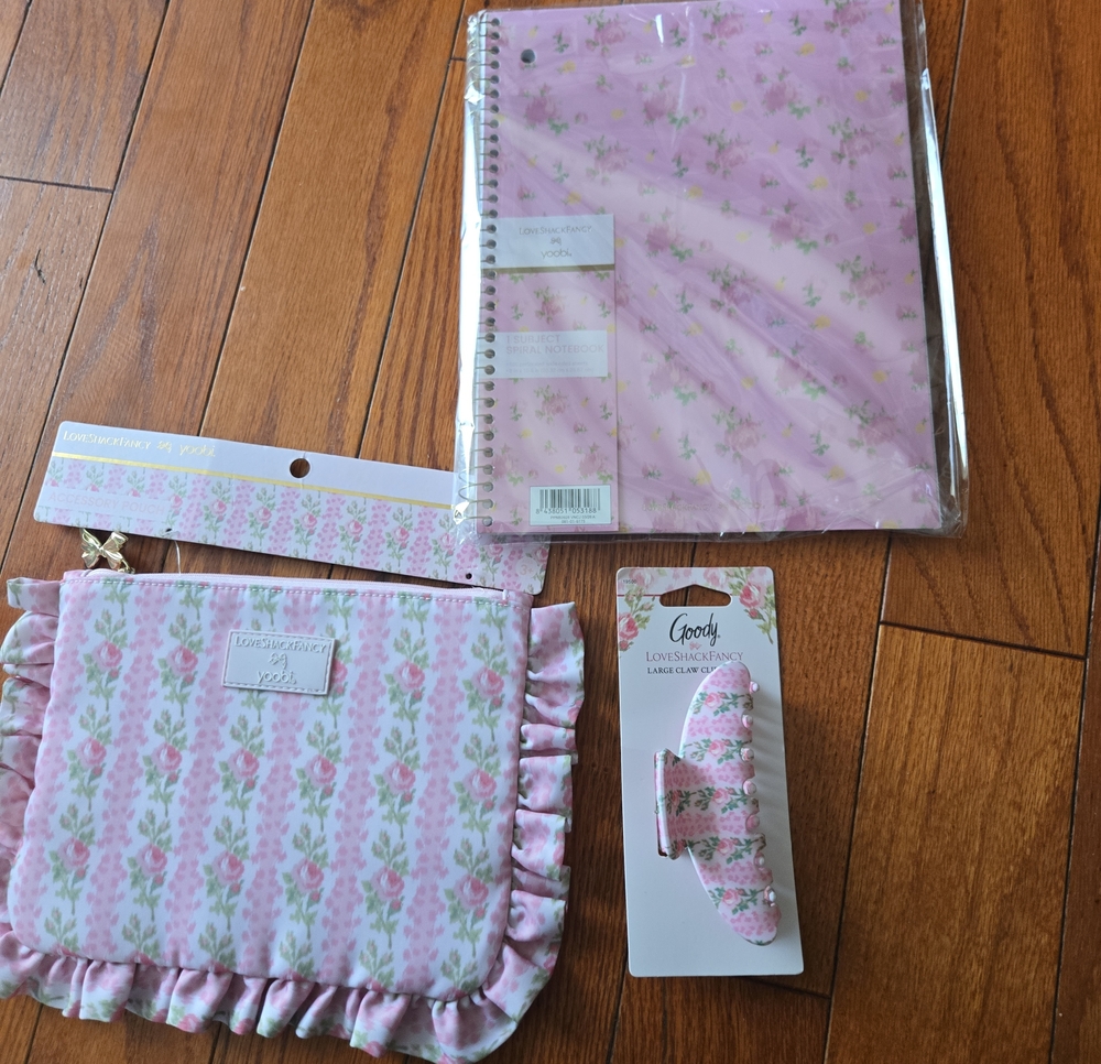LOVE SHACK FANCY Pink Flora Hair Clip,ACESSORY POUCH, SPIRAL NOTEBOOK